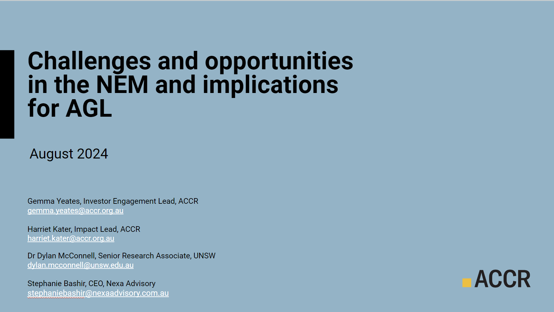 Cover page of the ACCR Presentation on challenges and opportunities in the NEM transition and implications for AGL publication.