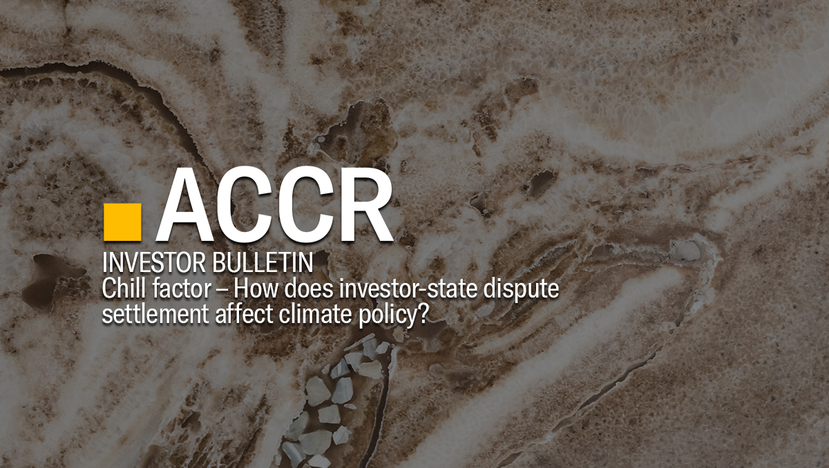 Cover page of the Investor Bulletin: Chill factor – How does investor-state dispute settlement affect climate policy? publication.