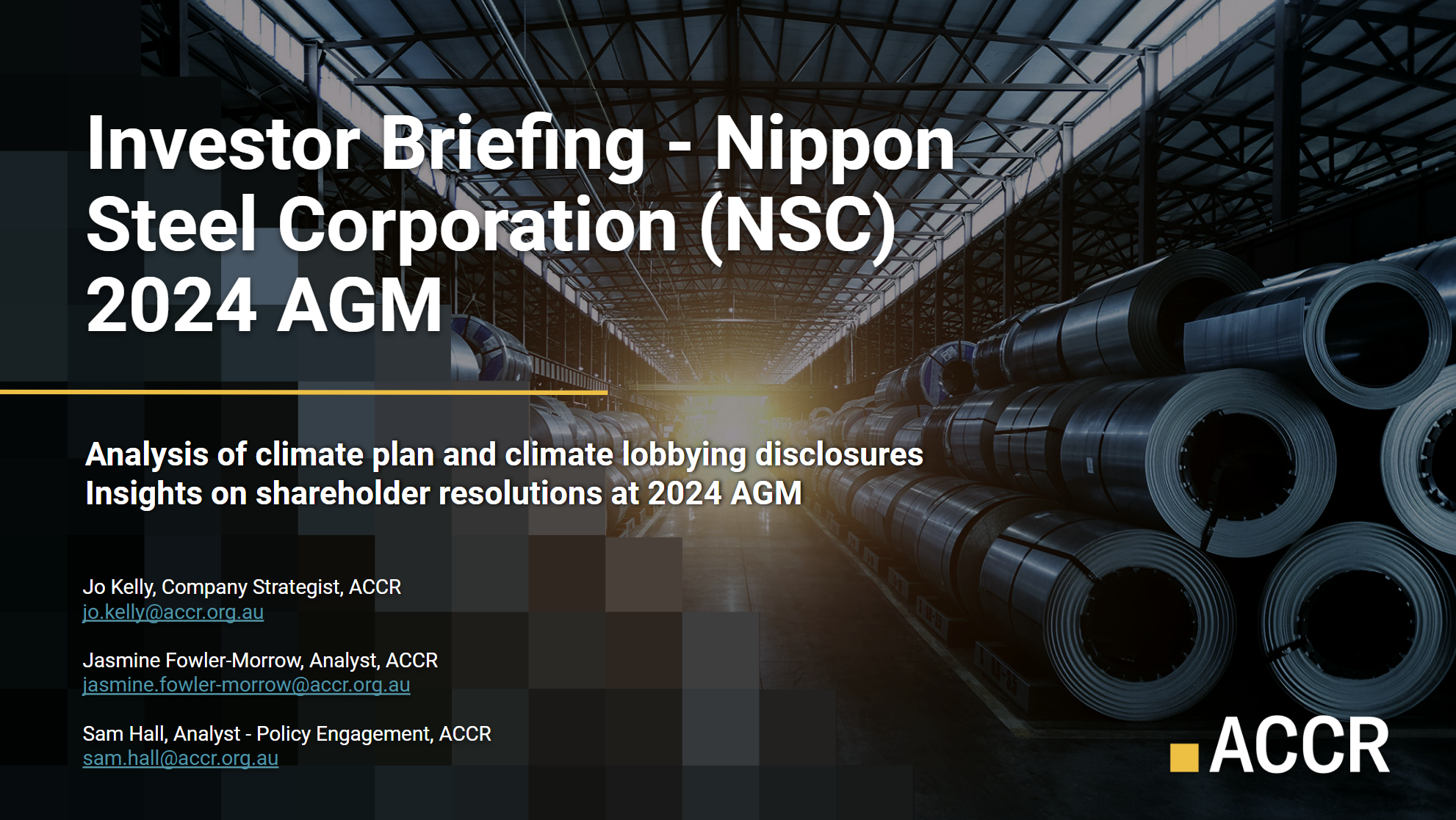 Cover page of the ACCR Presentation on Nippon Steel Corporation’s 2024 AGM publication.